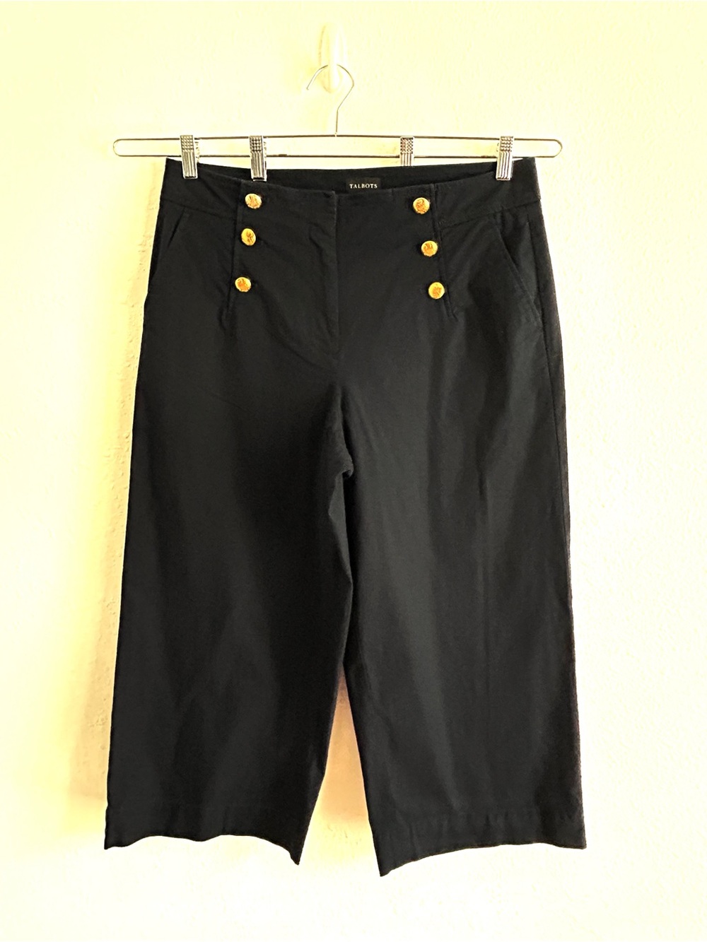 Talbots Wide Leg Cropped Pants Size 14 Navy Blue Nautical Gold Buttons Preppy - Picture 1 of 9